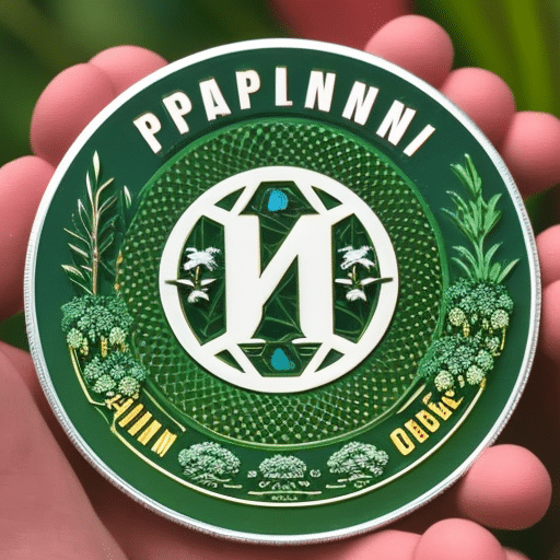 Holding a single Pi Coin surrounded by a vibrant, lush ecosystem of plants and animals, emphasizing the connection between sustainability and innovation
