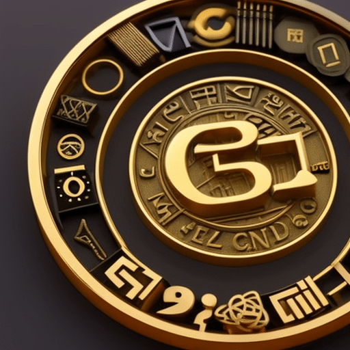 -up of a gold-plated 3D-printed model of the pi symbol, surrounded by a ring of various coins and tokens