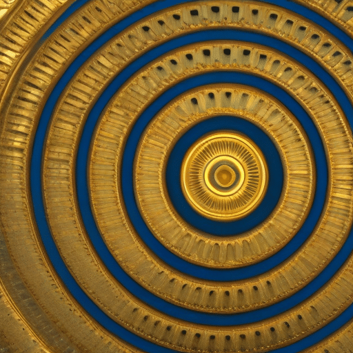 E of an expanding circle made up of coins gradually transitioning from blue to gold, with a light source emanating from the center