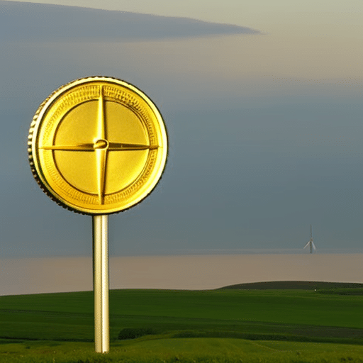 Ng gold Pi Coin set against a green landscape, with a tall, modern wind turbine in the background