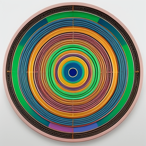 T design of a circular pattern of interlocking rings in a spectrum of colors, representing the global reach of financial inclusion through Pi Coin
