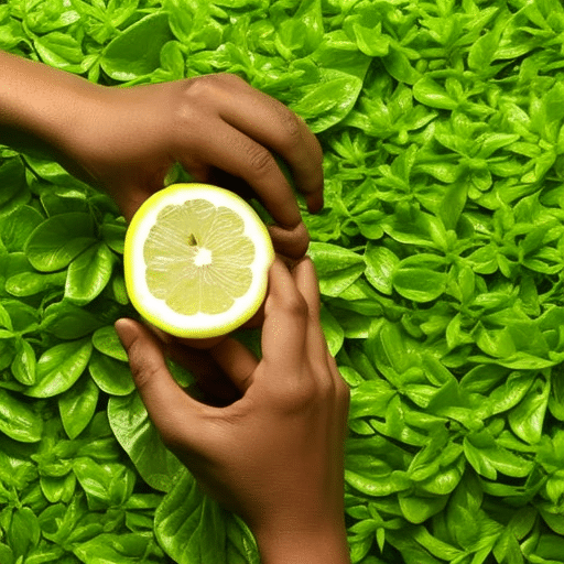 Holding a fresh, ripe lemon, with a Pi Coin balanced on top, sitting on a bed of leafy green plants
