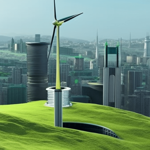 A futuristic cityscape with a large green wind turbine and a stack of golden coins providing the energy supply