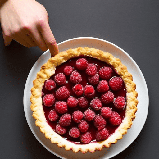 Re of a hand holding a freshly-baked raspberry tart with a pi-shaped crust, topped with a sprinkling of mint leaves