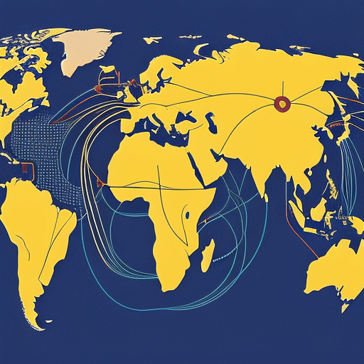Ful and detailed diagram showing a world map with interconnected lines representing Pi Coin's influence on global banking networks