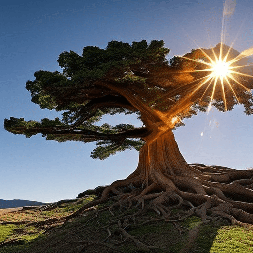 L of a tree with a pi-shaped root system and a pi-shaped sunburst radiating from the top of the tree