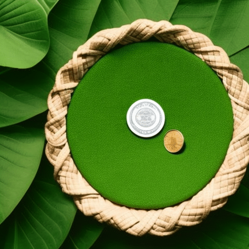 A pie chart surrounded by a lush green landscape, with a single coin in the center of the chart representing Pi Coin