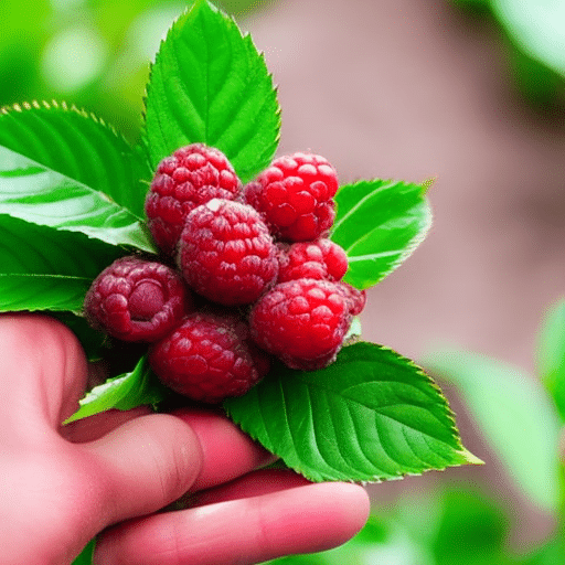 -up of a hand holding a freshly-picked ripe raspberry, its juicy redness spilling over its edges, with a background of lush green foliage