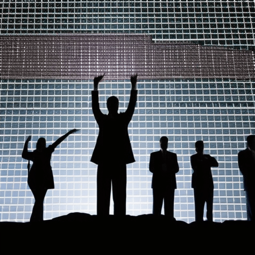 Uette of a person raising their hand above a rising chart of digital currency and a laptop with a crowd of people in the background