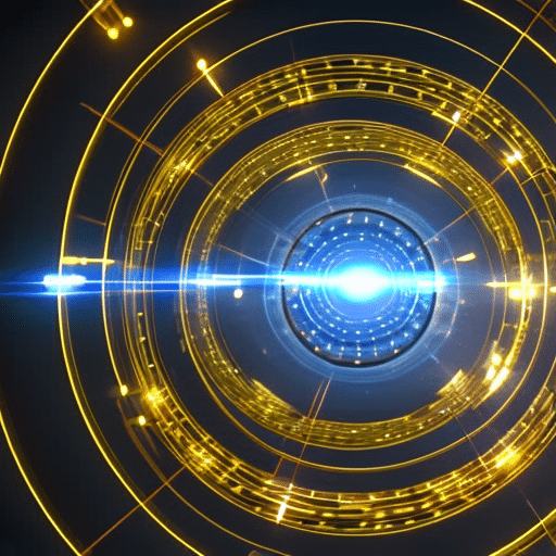 Tralized network of connected computers exchanging cryptocurrency coins with glowing rings of light