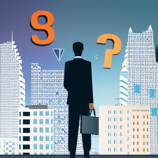 Ful illustration of a man in a suit at a computer, surrounded by pi symbols and a rapidly changing skyline of banking buildings