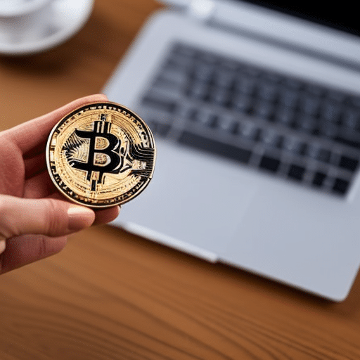 Holding a slice of pi-shaped cryptocurrency alongside a laptop and coffee cup on a desk, representing the freelance economy