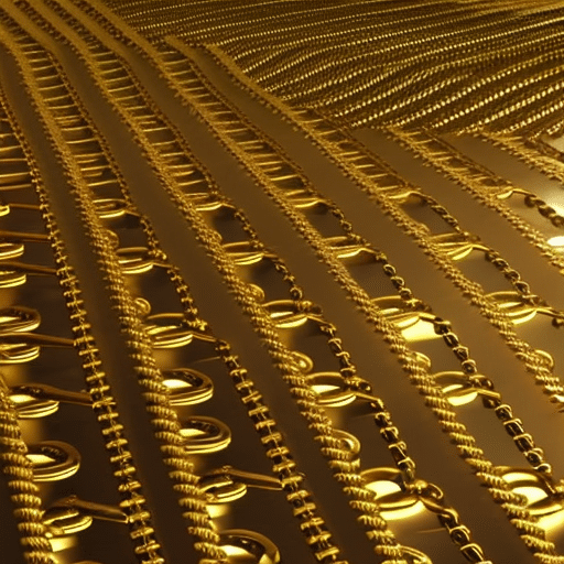 Ndering of a dynamic, interlocking chain of golden Pi coins, with an on-demand economy worker, standing in the middle
