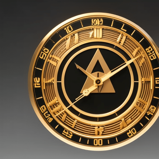 Re of a minimalistic clock with a single 3 as the hand, set against a backdrop of a glowing, digital cryptocurrency symbol