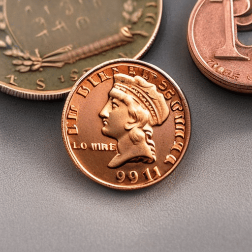 Up of a person's hand holding up three coins - a copper penny, a silver dime, and a gold-colored coin with a Pi symbol