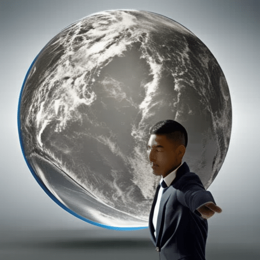 N in a business suit reaching out to grasp a globe held by a person in casual clothing
