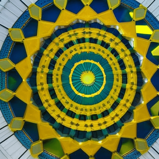 Ction of brightly colored, interconnected circles radiating out from a central point with a tiny, gold-colored pi at the center