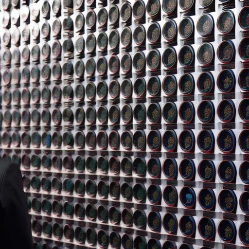 N in a business suit standing in front of a wall of colorful 3D-printed Pi tokens, looking thoughtfully at the scene