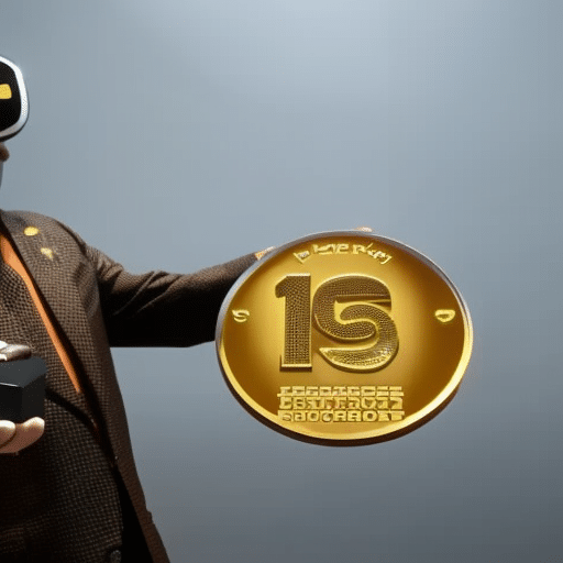 N holding a gold Pi Coin in a hand wearing a virtual reality glove, hovering over a digital padlock