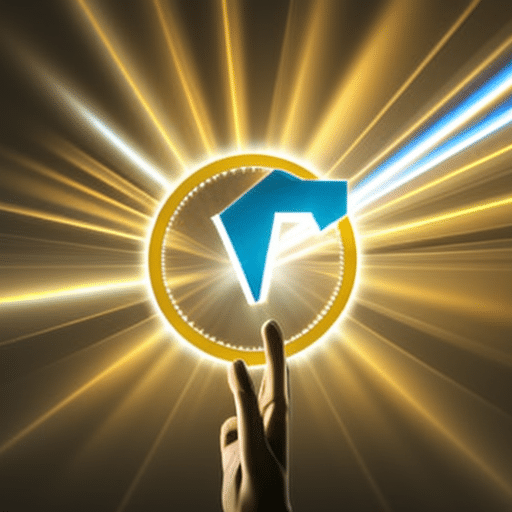 E of a person standing with one hand outstretched, with rays of light emanating from a digital currency symbol in their palm