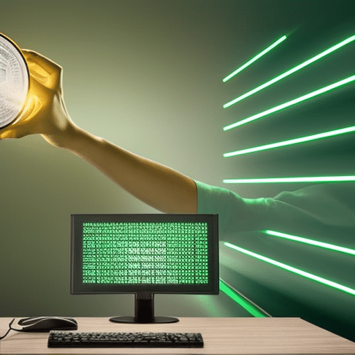Stration of a hand holding a Pi Coin above a computer monitor, lit up with code and green light emitting from the coin
