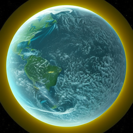 Ract illustration displaying the Earth as a circular ring, with a glowing teal-colored center, and radiating yellow and blue rays