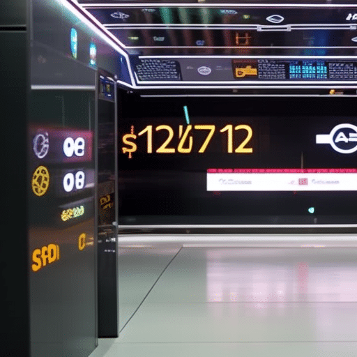 Al currency exchange platform, with futuristic architecture, surrounded by an ever-changing sky of cryptocurrency symbols