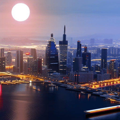 Led image of a futuristic cityscape with a skyline of soaring glass skyscrapers, a bright full moon, and a glowing Pi Coin logo beckoning in the night