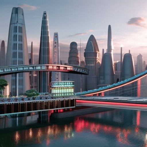Futuristic cityscape with large buildings, a bridge connecting two sides of the river, and a river filled with Pi Coin logos