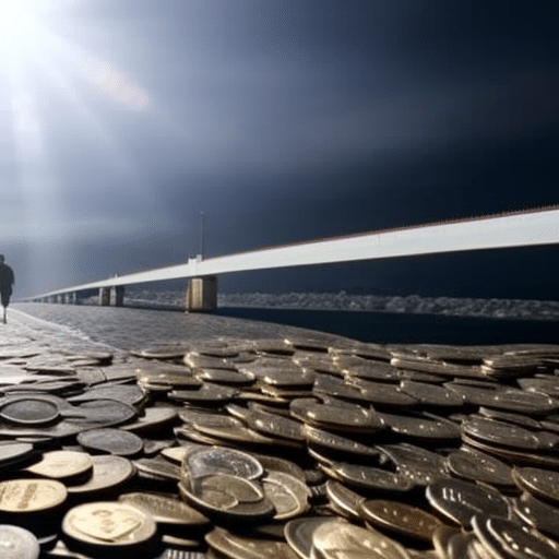 N walking a path of coins, with a Pi Coin in the center, leading to a bridge and open sky