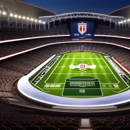 An image showcasing a digital illustration of a sports arena, surrounded by a fortress-like shield