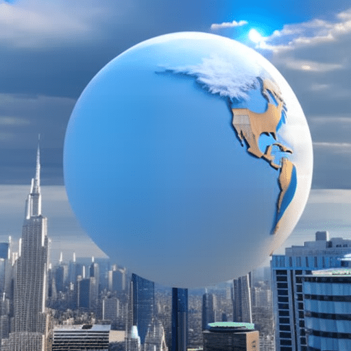 E of a 3D globe with a futuristic technology cityscape projected around it, with a cryptocurrency symbol emanating from the center