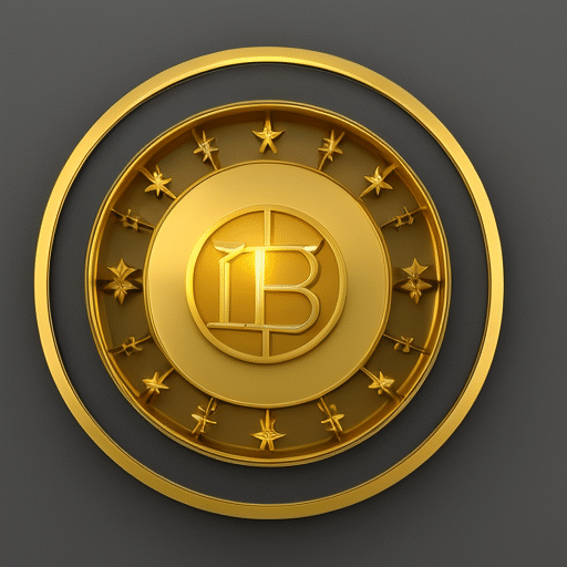E of a 3-dimensional golden pie chart with a crypto token in the center, with a glowing circle of light radiating from it