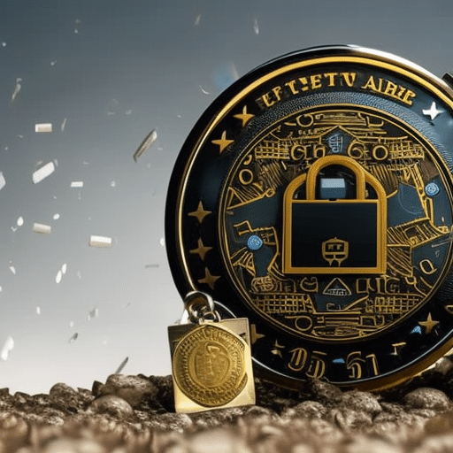 Ate a person holding a coin with a secure padlock around it, surrounded by a protective shield and a jumble of cryptography symbols