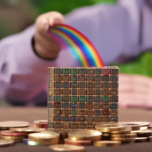 Tiny hand holding a stylized raspberry pi computer, with a rainbow of crypto coins pouring out of it like a fountain
