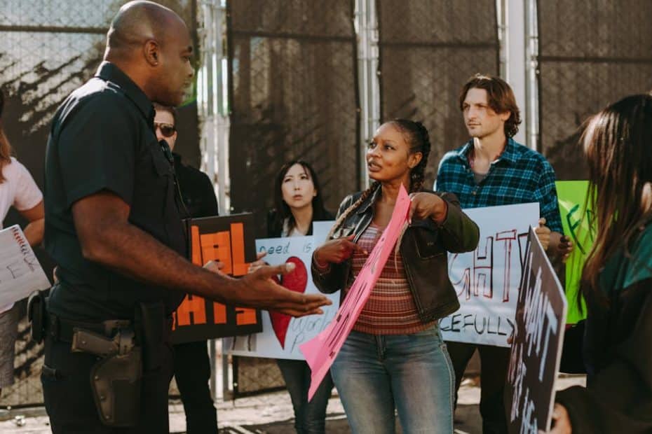 a diverse group of people engaged in a peaceful protest outdoors discussing with a police officer 1