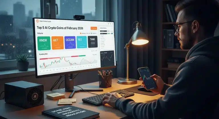 Telescopia crypto research 5 investor reviewing top ai crypto coins on a dashboard in a u s home office