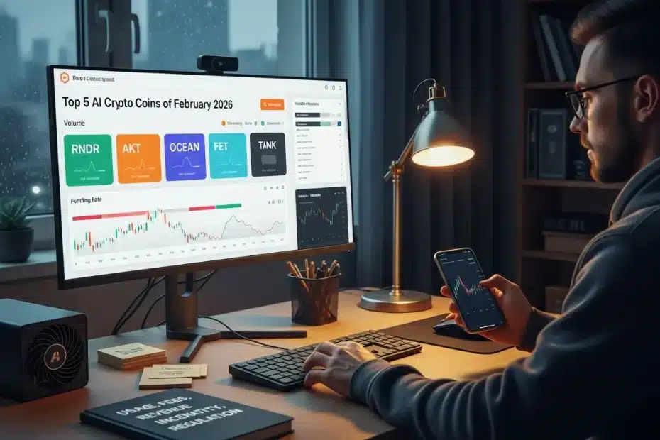 Top 5 AI Crypto Coins to Watch in February 2026 7 investor reviewing top ai crypto coins on a dashboard in a u s home office
